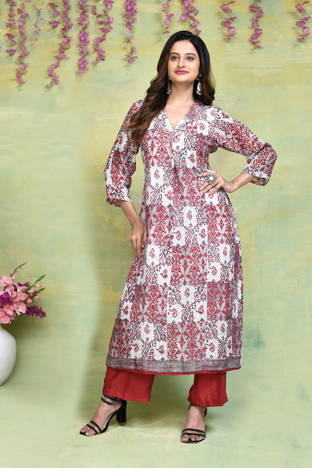 Off-White-&-Maroon-Linen-Handblock-Printed-2-Piece-Kurta-Set