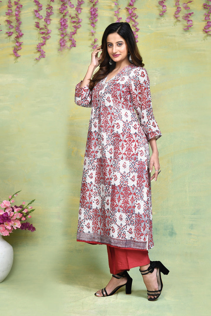 Off-White-&-Maroon-Linen-Handblock-Printed-2-Piece-Kurta-Set