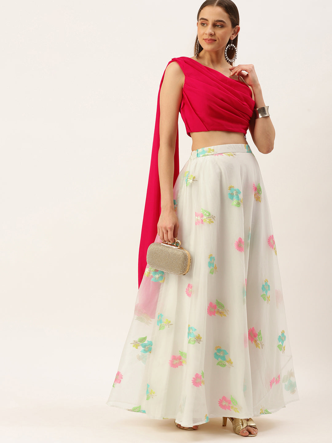 Off White & Pink Organza Jacquard Skirt & Top