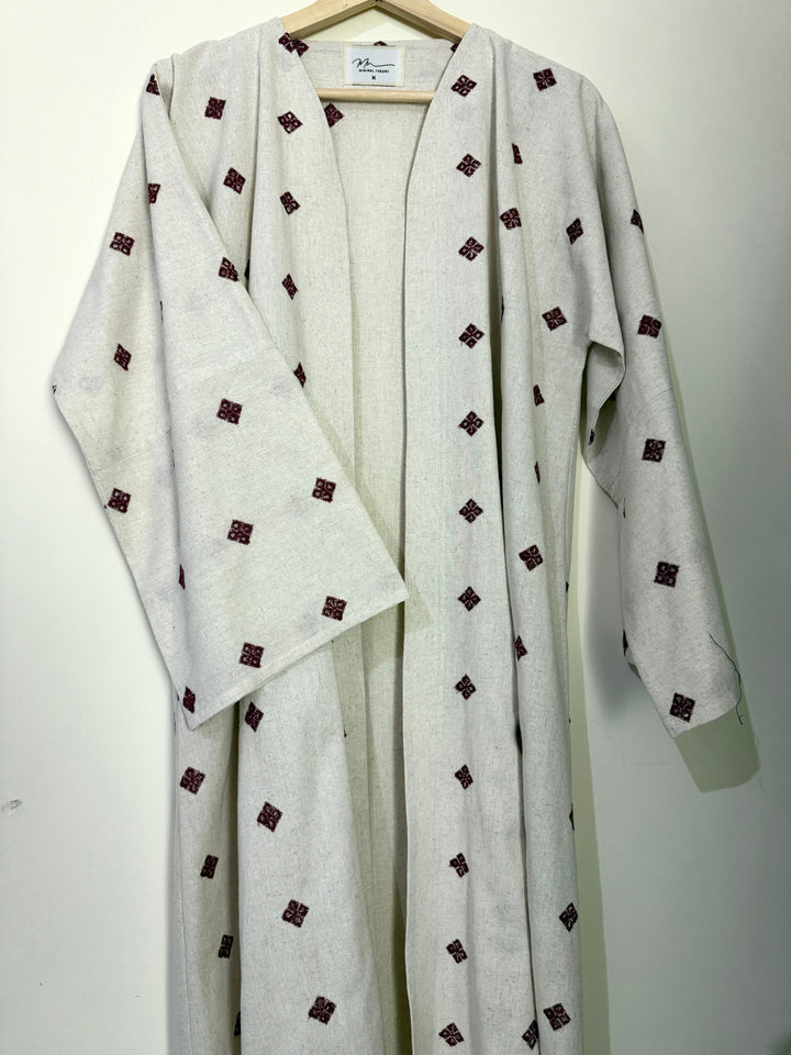 Off-White-And-Maroon-Linen-Embroidered-Abaya-With-Sheila