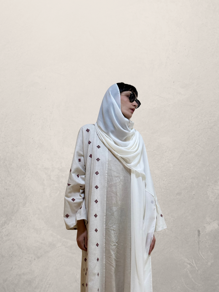 Off-White-And-Maroon-Linen-Embroidered-Abaya-With-Sheila