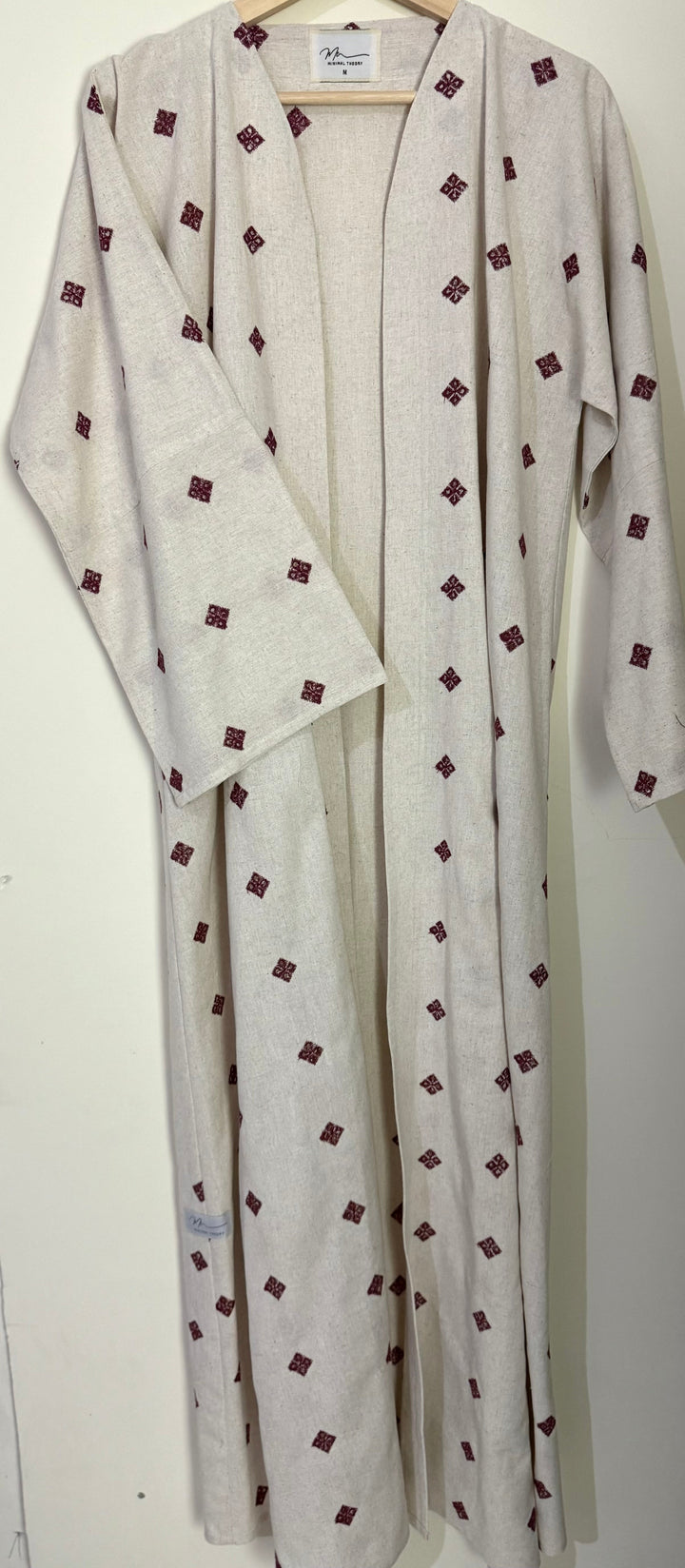 Off-White-And-Maroon-Linen-Embroidered-Abaya-With-Sheila