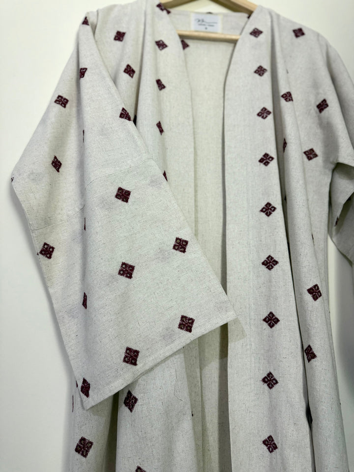 Off-White-And-Maroon-Linen-Embroidered-Abaya-With-Sheila