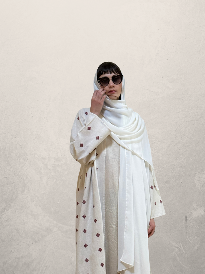 Off-White-And-Maroon-Linen-Embroidered-Abaya-With-Sheila