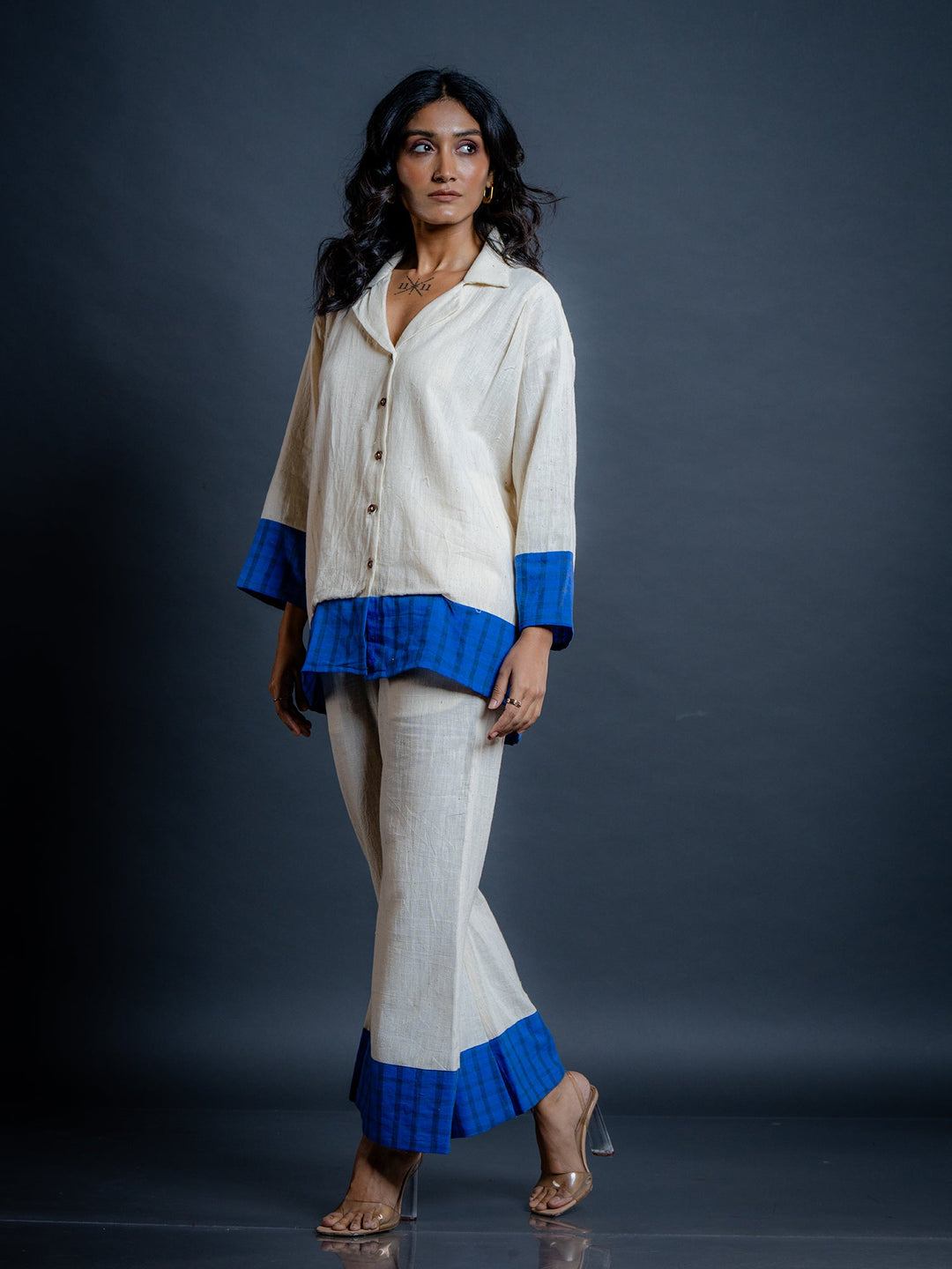 Off-White-&-Blue-Cotton-Collar-Neck-Co-Ord-Set