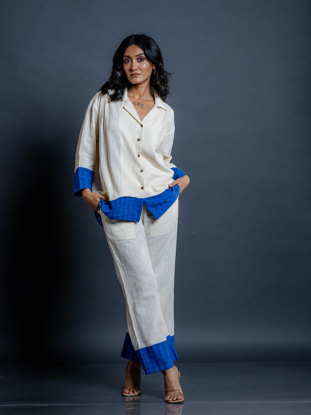 Off-White-&-Blue-Cotton-Collar-Neck-Co-Ord-Set