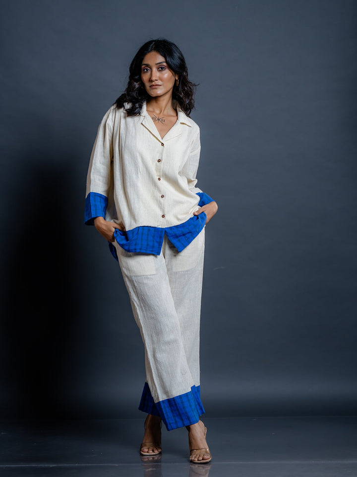 Off-White-&-Blue-Cotton-Collar-Neck-Co-Ord-Set