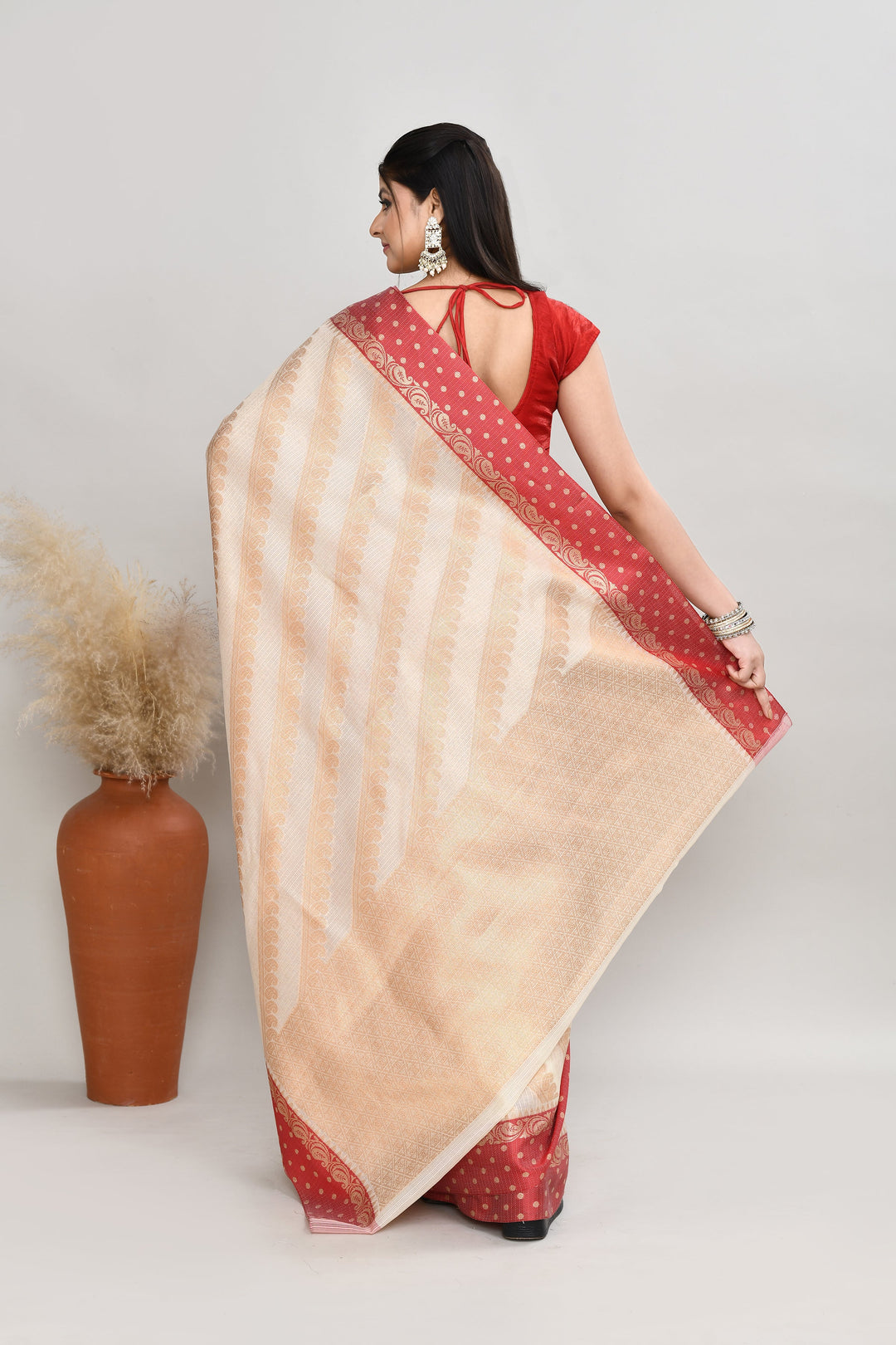 Off-White-Kota-Silk-Red-Border-Banarasi-Zari-Work-Saree