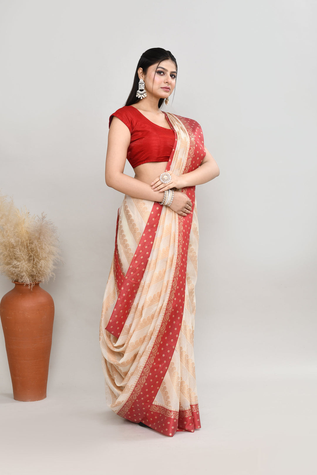 Off-White-Kota-Silk-Red-Border-Banarasi-Zari-Work-Saree