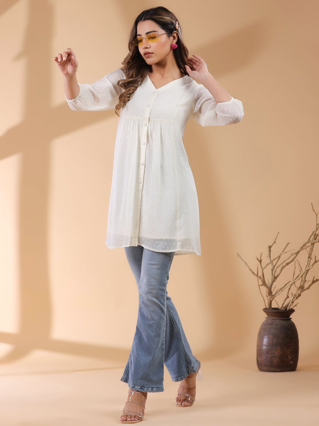 Off White Chiffon Self Design A-Line Tunic Only