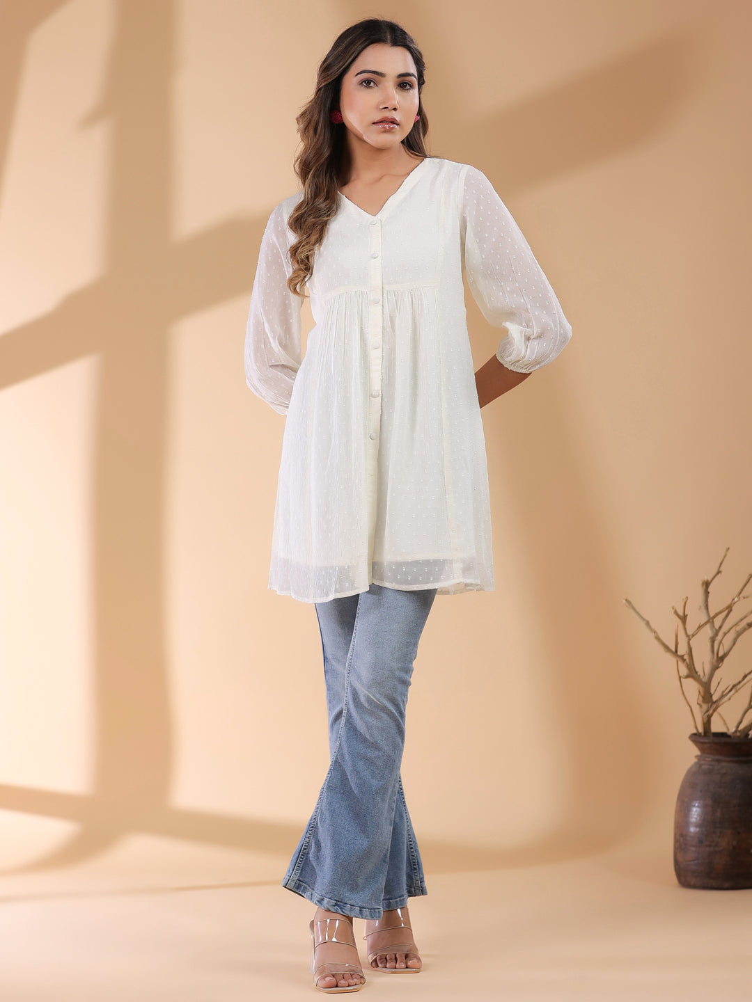 Off White Chiffon Self Design A-Line Tunic Only