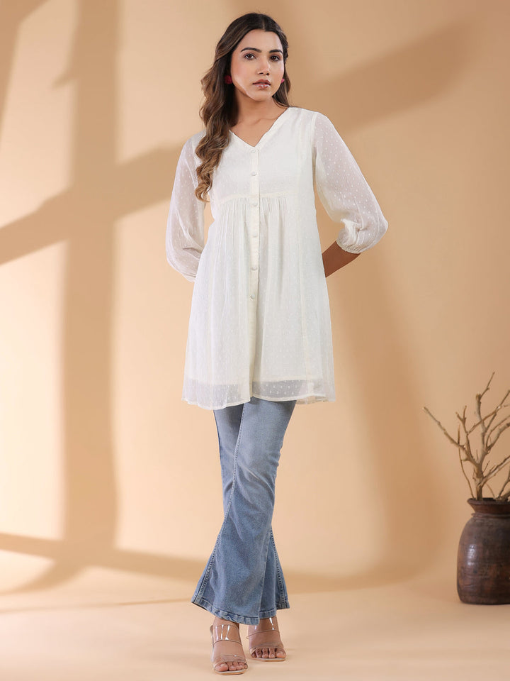 Off White Chiffon Self Design A-Line Tunic Only