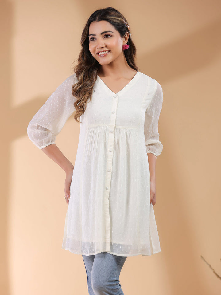 Off White Chiffon Self Design A-Line Tunic Only