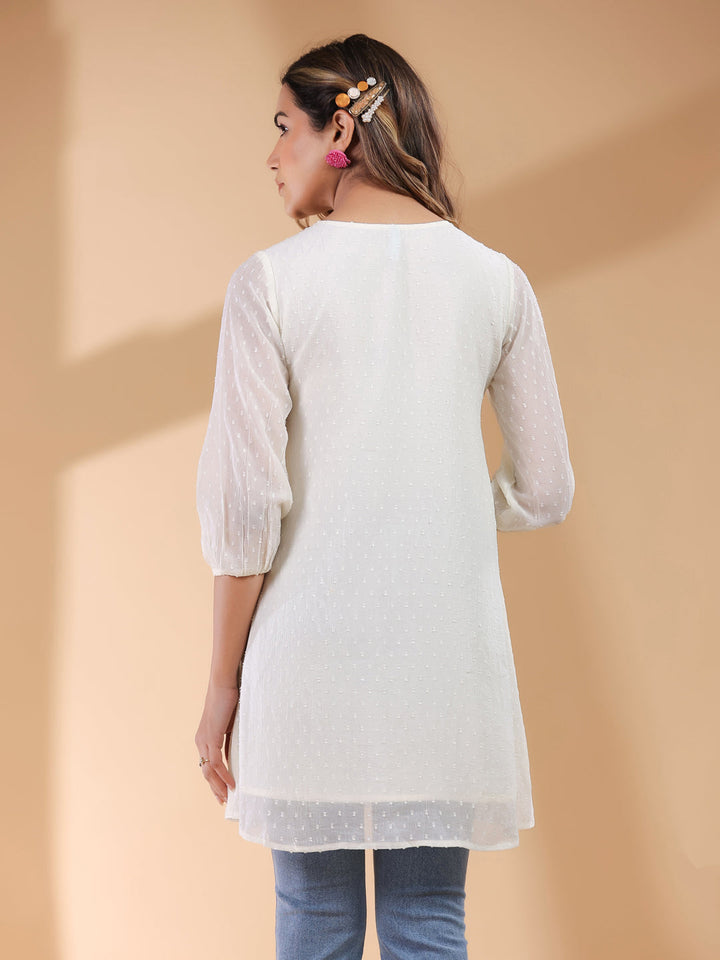 Off White Chiffon Self Design A-Line Tunic Only