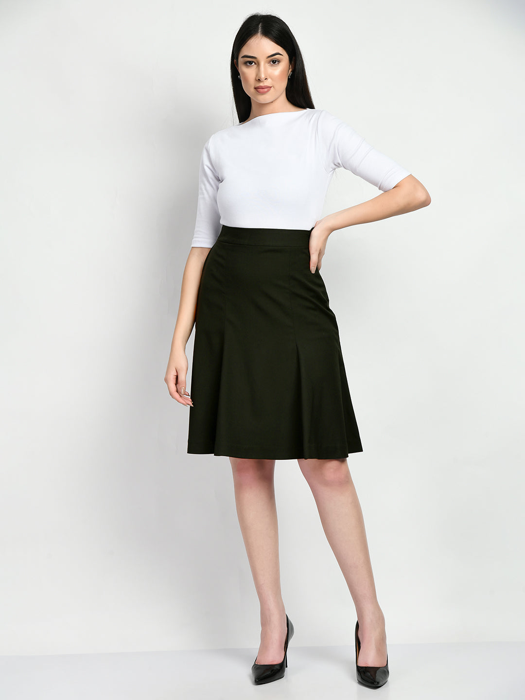 Olive-Cotton-Blend-Loyalty-Solid-A-Line-Skirt