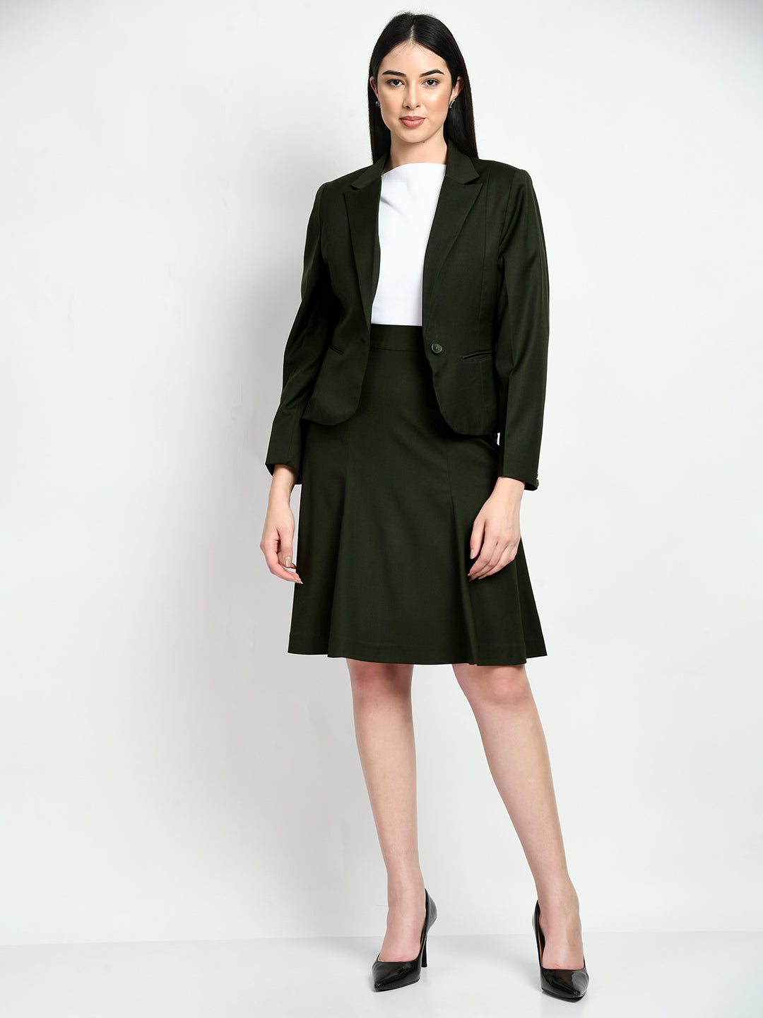Olive-Cotton-Blend-Solid-Short-Blazer-A-Line-Skirt-Suit