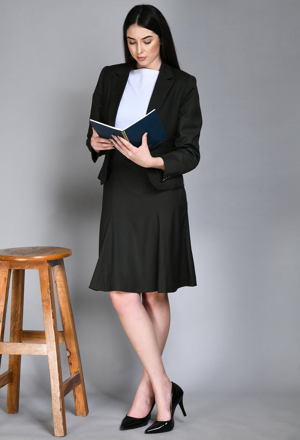 Olive-Cotton-Blend-Solid-Short-Blazer-A-Line-Skirt-Suit