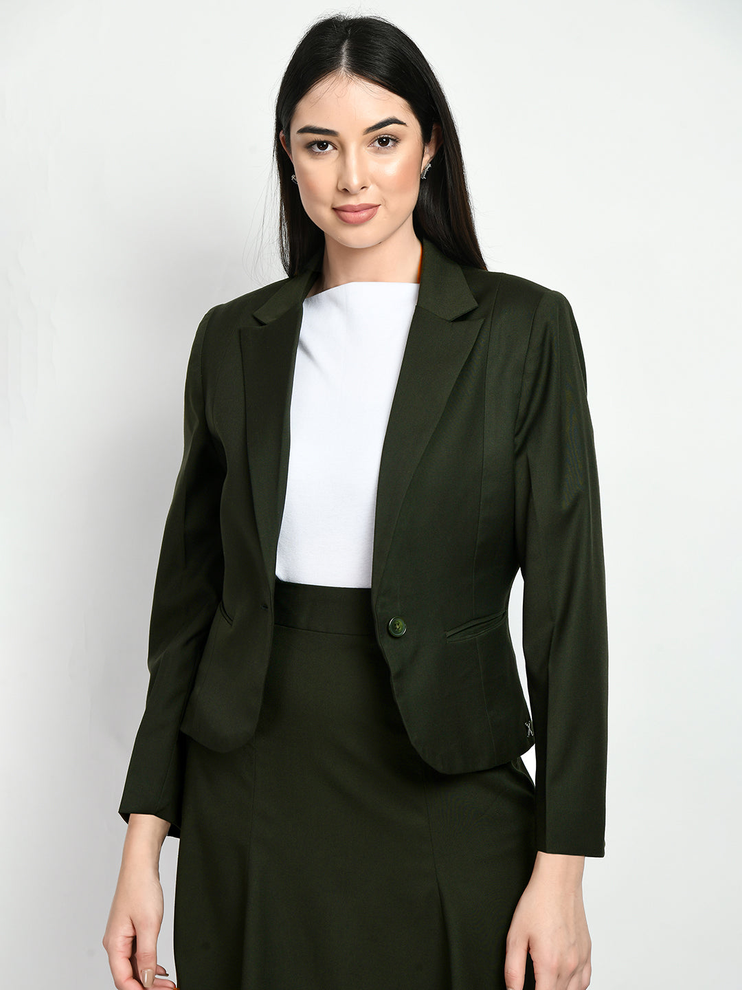 Olive-Cotton-Blend-Solid-Short-Blazer-A-Line-Skirt-Suit