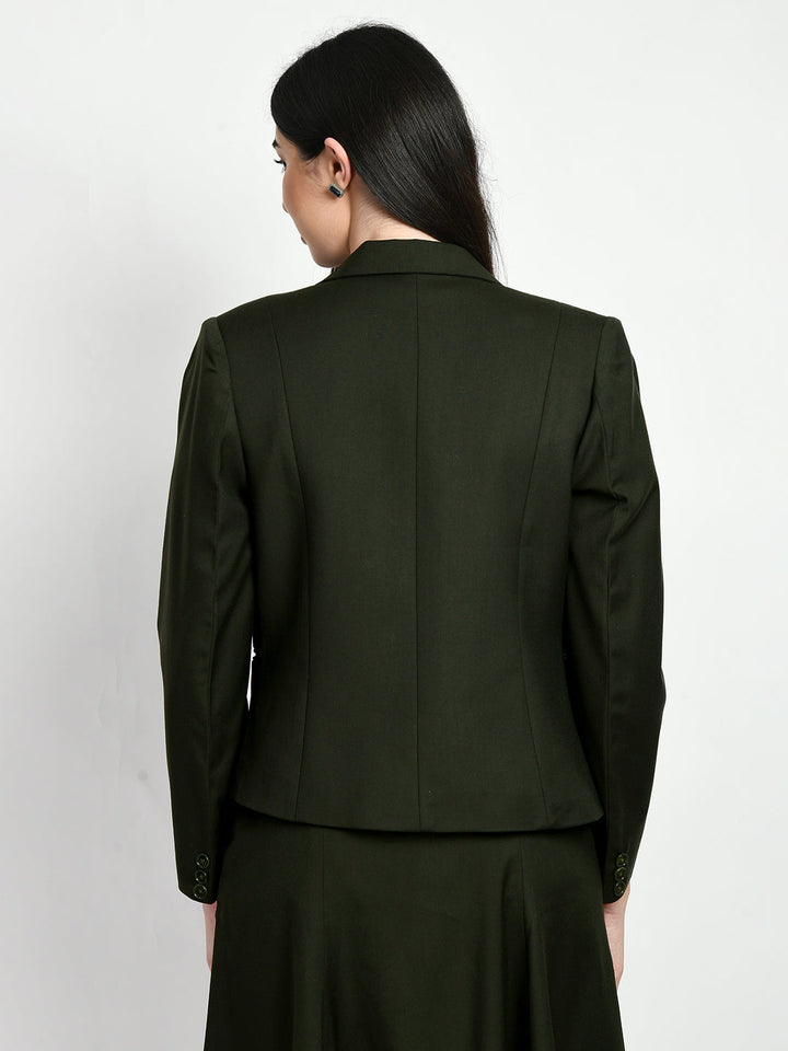 Olive-Cotton-Blend-Solid-Short-Blazer-A-Line-Skirt-Suit