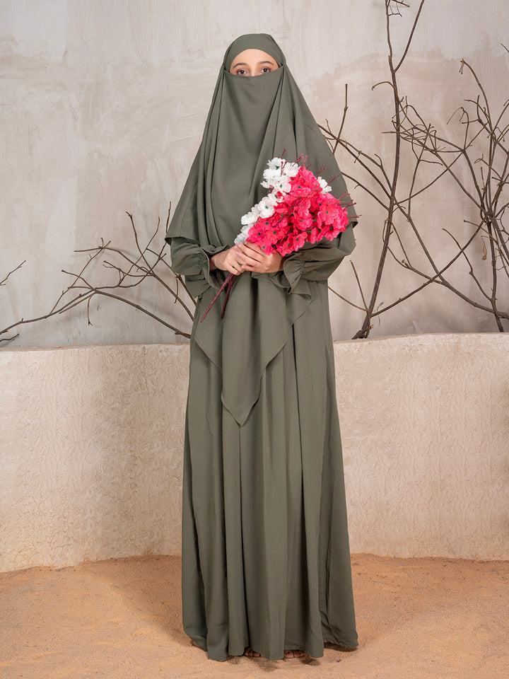 Olive Crushed Fabric Abaya With Khimar