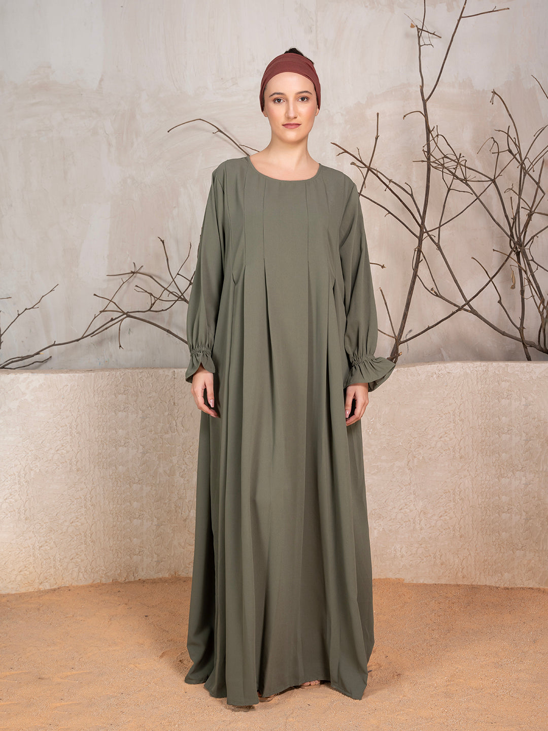 Olive Crushed Fabric Abaya With Khimar