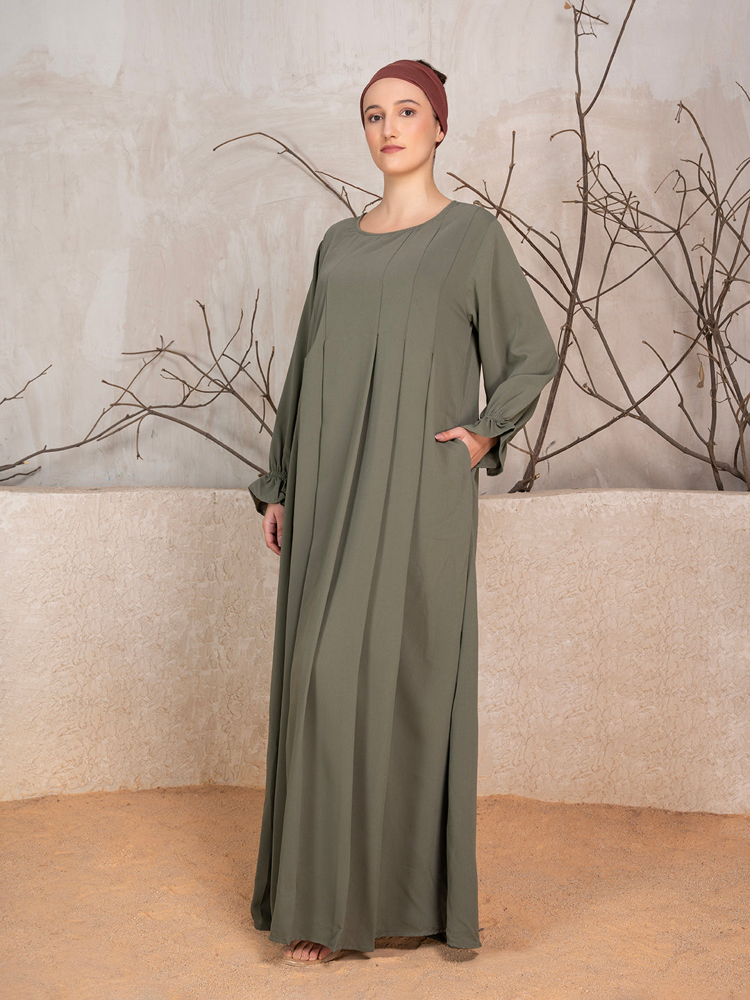 Olive Crushed Fabric Abaya With Khimar