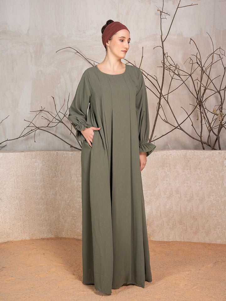 Olive Crushed Fabric Abaya With Khimar