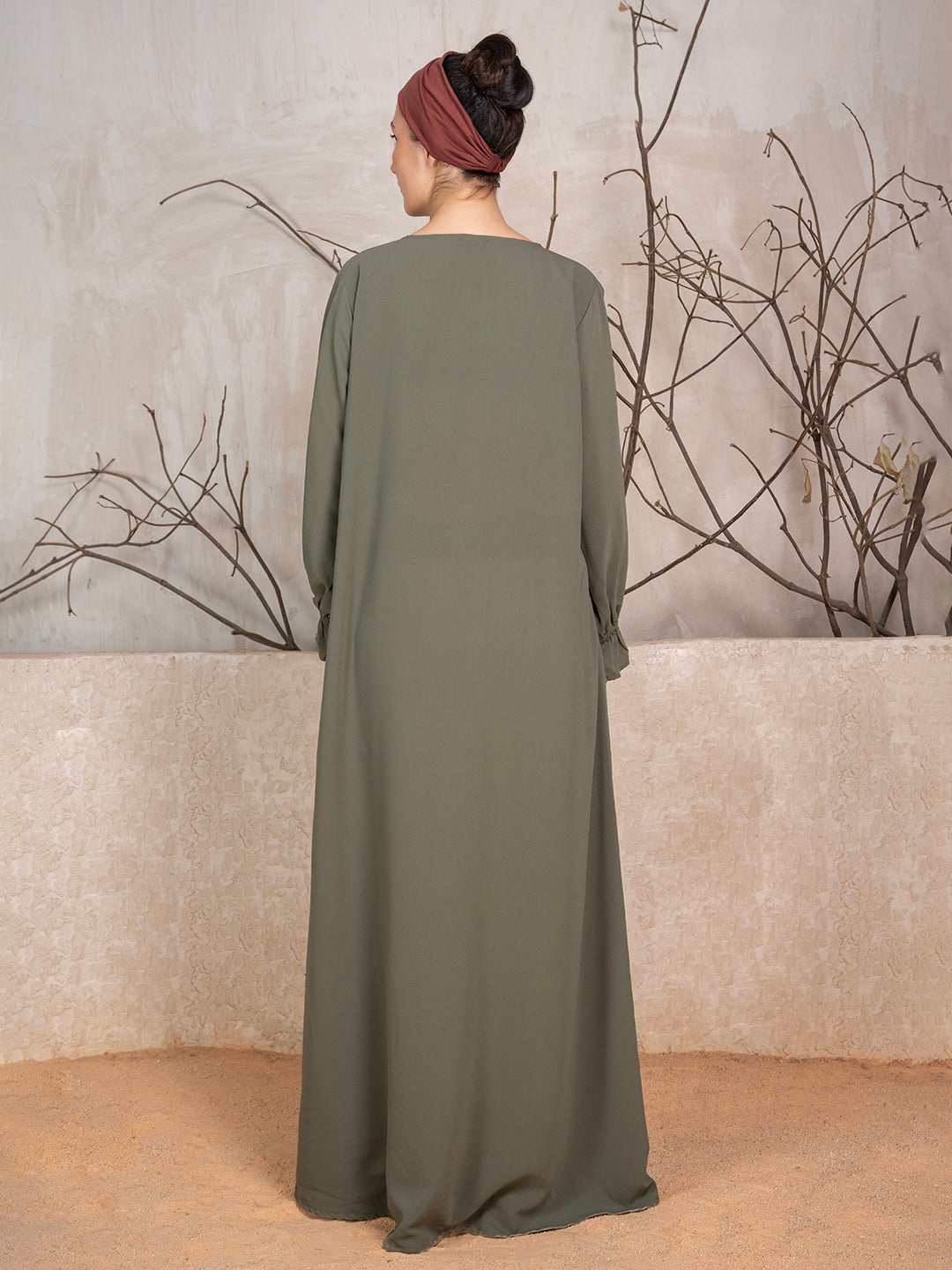 Olive Crushed Fabric Abaya With Khimar