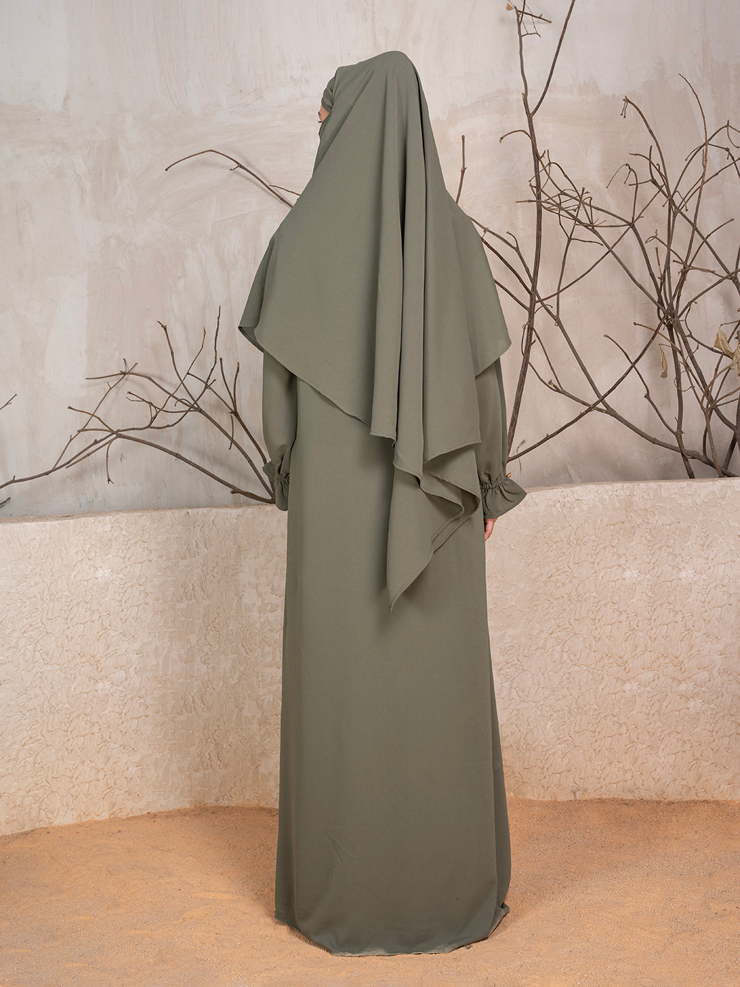 Olive Crushed Fabric Abaya With Khimar