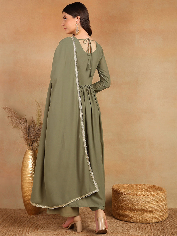 ZERESOUQ-Olive-Georgette-Solid-Embroidered-3-Piece-Kurta-Set