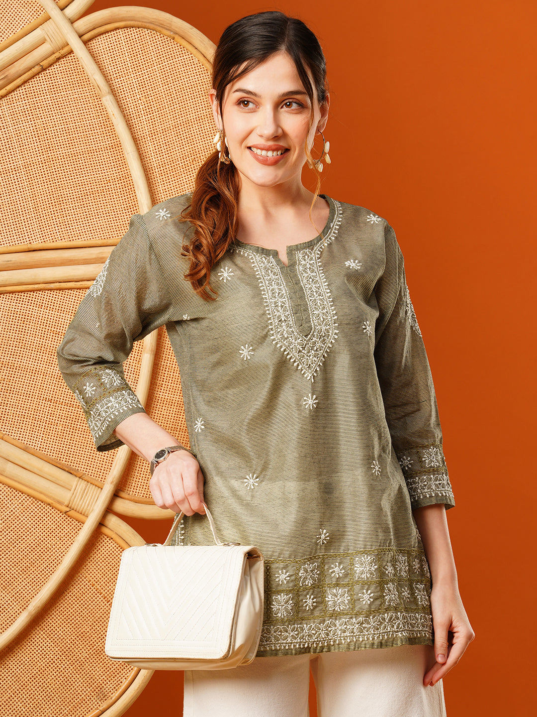 Olive-Green-Chanderi-Embroidered-Straight-Tunic