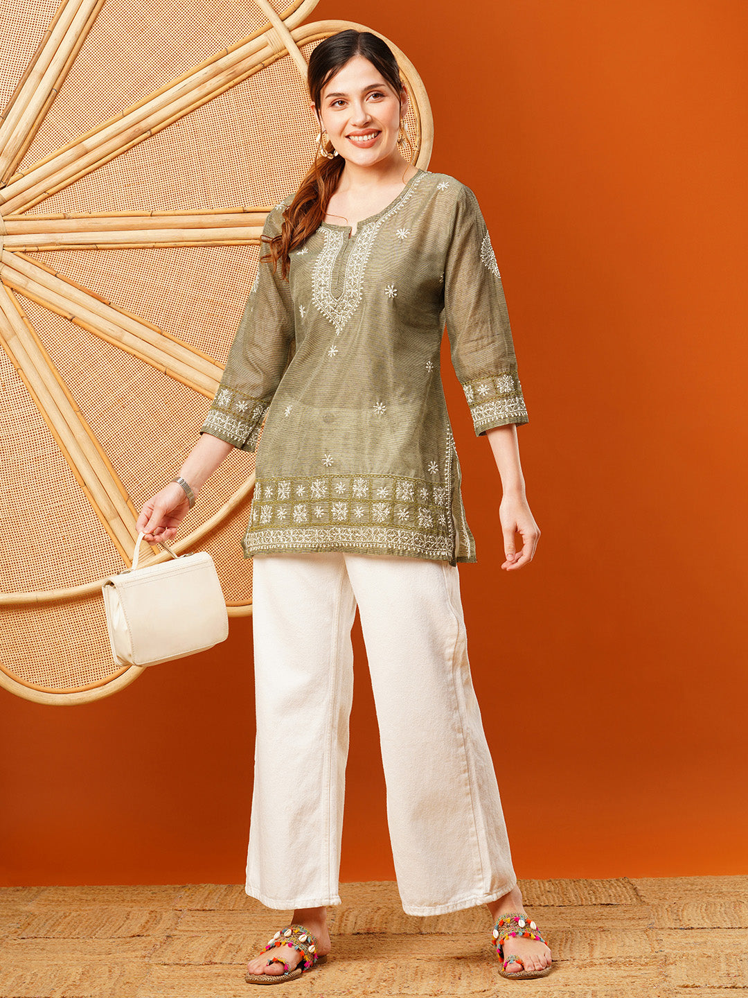 Olive-Green-Chanderi-Embroidered-Straight-Tunic