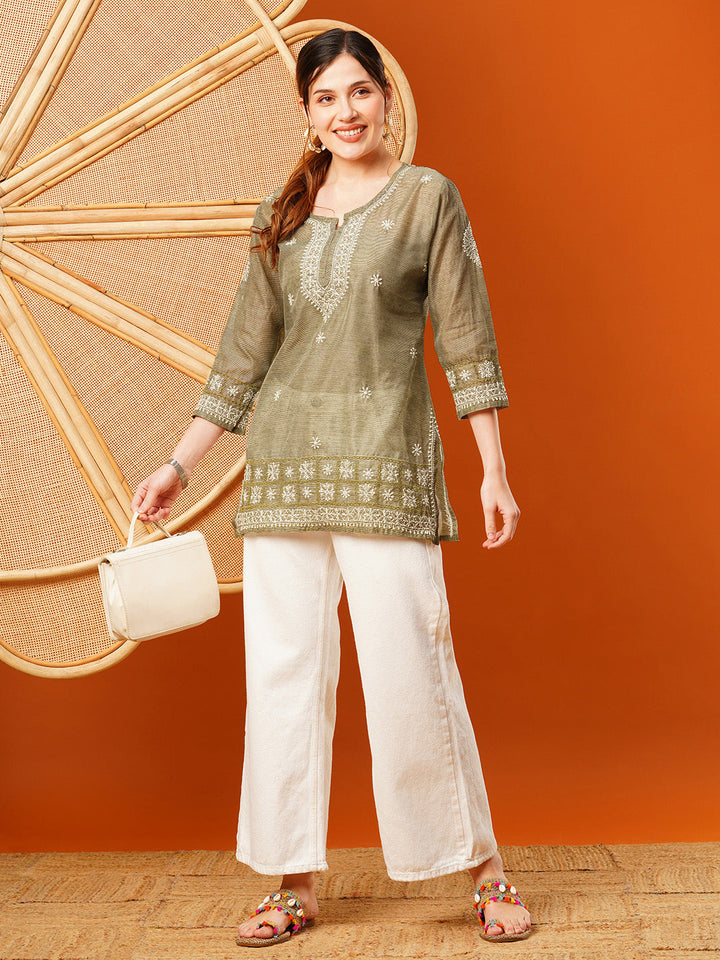 Olive-Green-Chanderi-Embroidered-Straight-Tunic