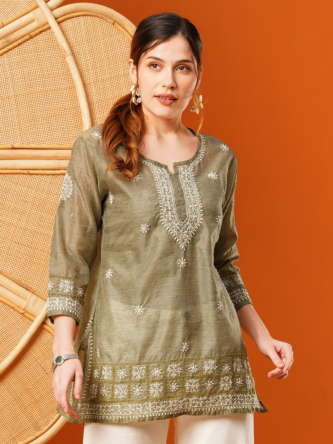 Olive-Green-Chanderi-Embroidered-Straight-Tunic