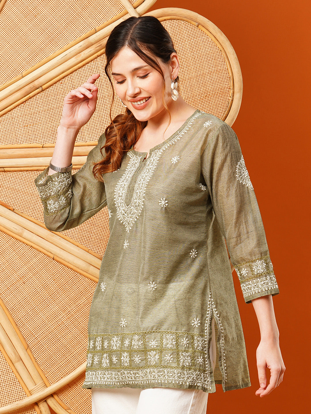 Olive-Green-Chanderi-Embroidered-Straight-Tunic