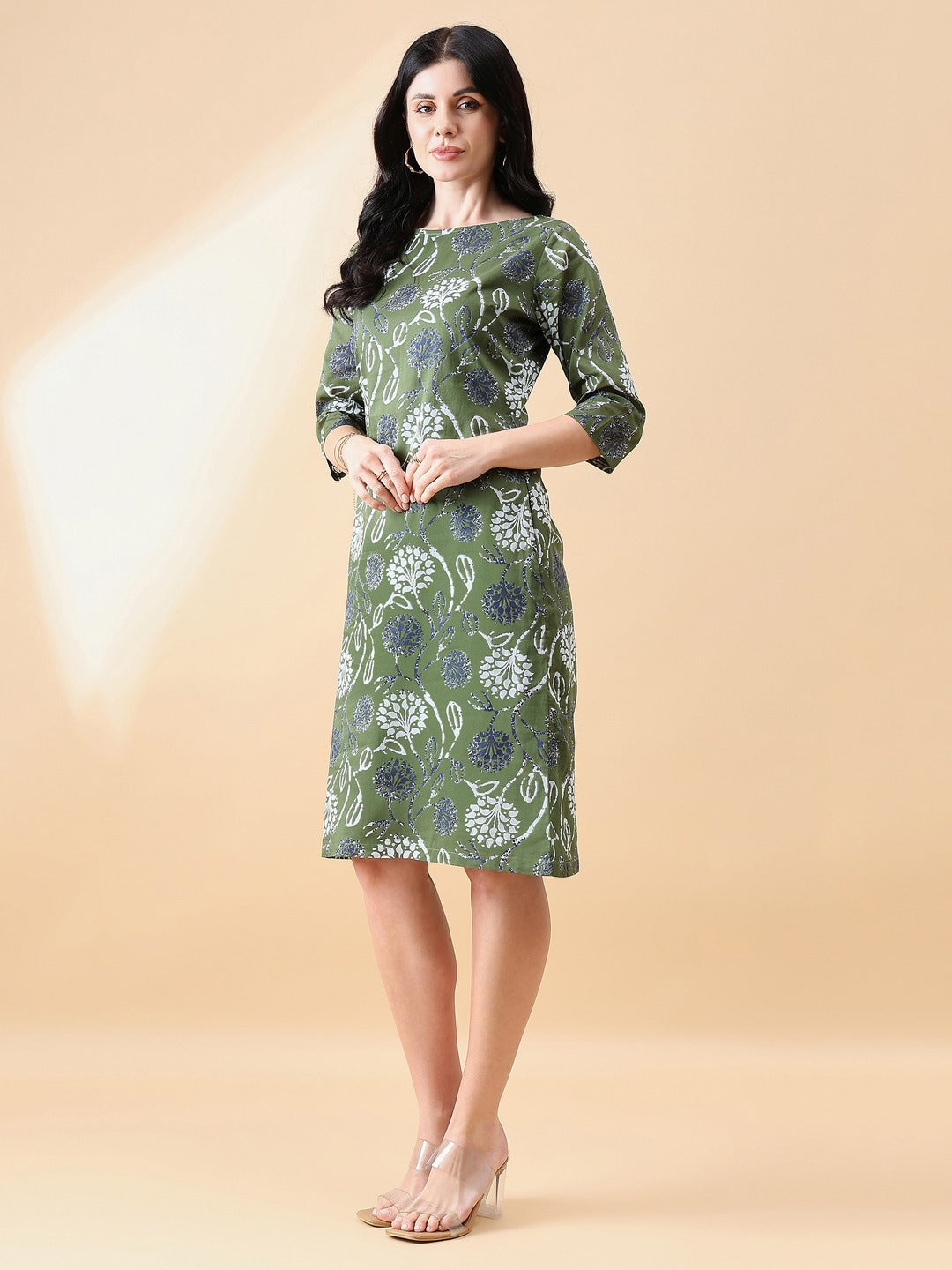 Olive-Green-Cotton-A-Line-Floral-Printed-Dress