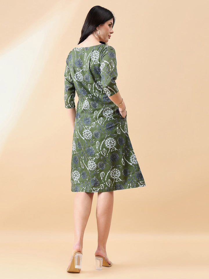 Olive-Green-Cotton-A-Line-Floral-Printed-Dress
