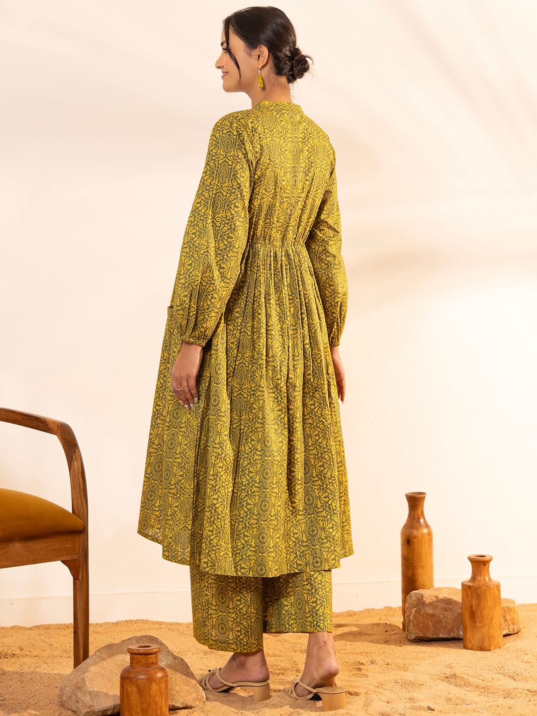 Olive-Green-Cotton-Printed-Gathered-2-Piece-Kurta-Set