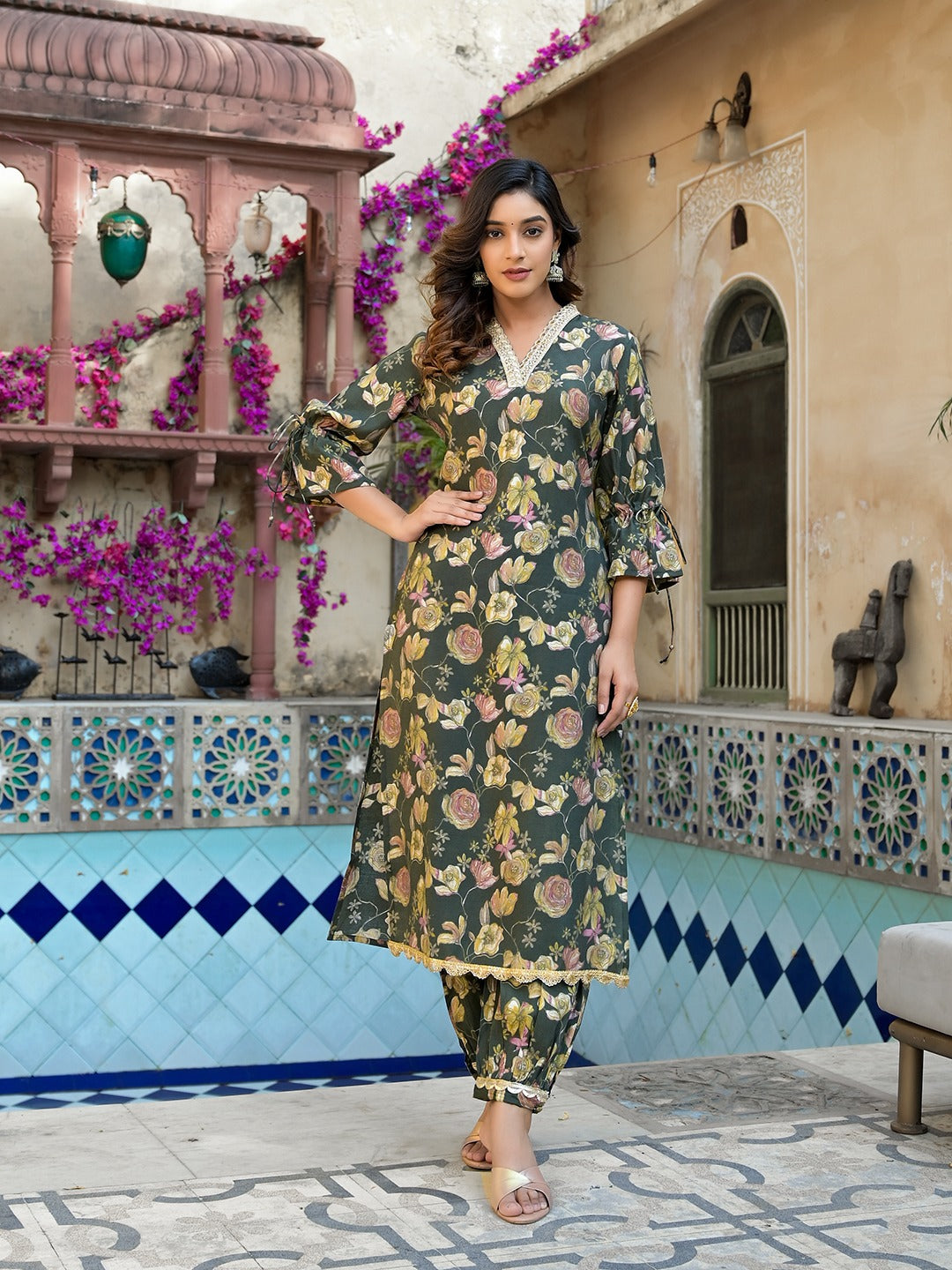 Olive-Green-Muslin-Silk-Printed-Straight-2-Piece-Kurta-Set