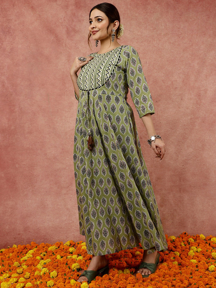 Olive Green Leaf and Chevron Print Flared Kurta Set