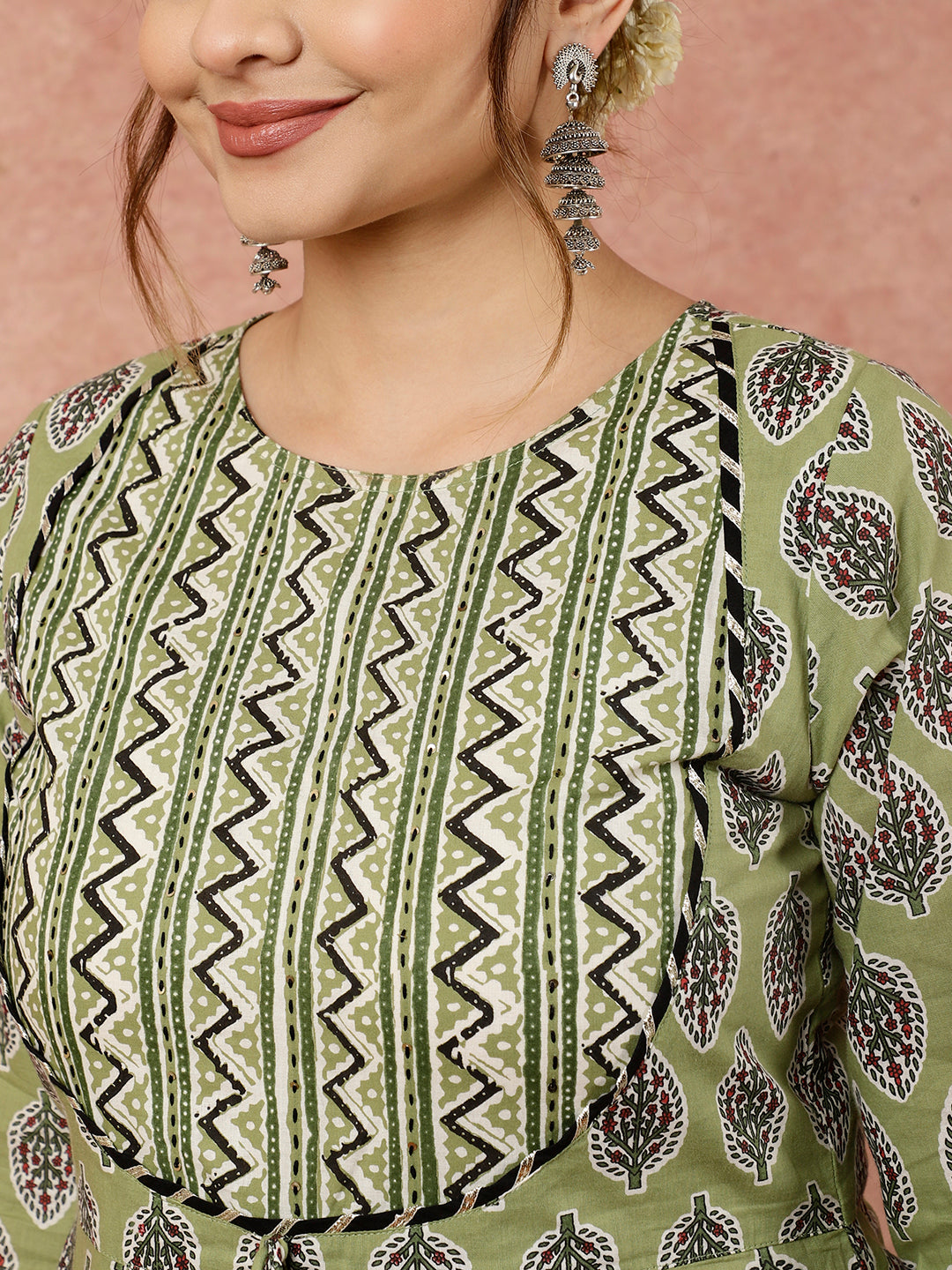 Olive Green Leaf and Chevron Print Flared Kurta Set