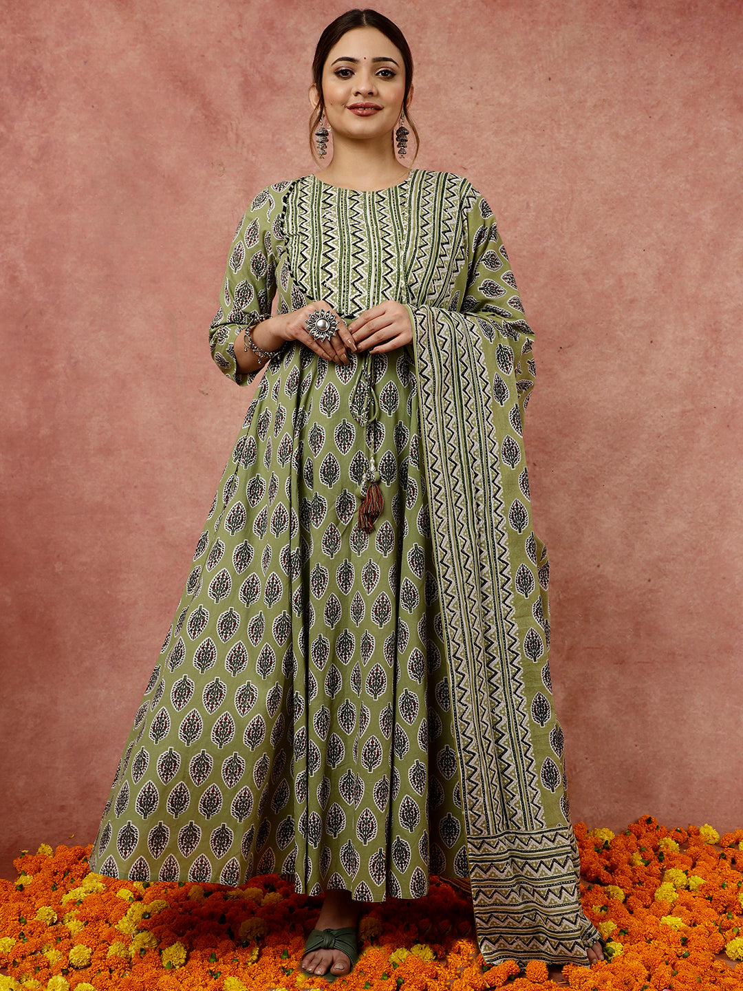 Olive Green Leaf and Chevron Print Flared Kurta Set