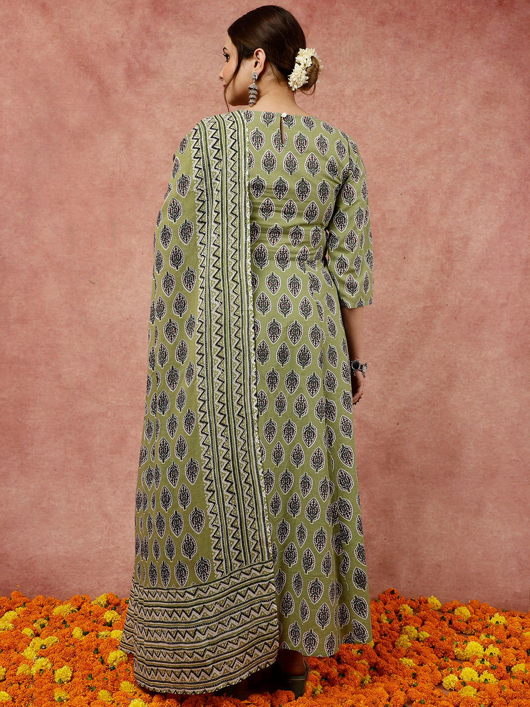 Olive Green Leaf and Chevron Print Flared Kurta Set