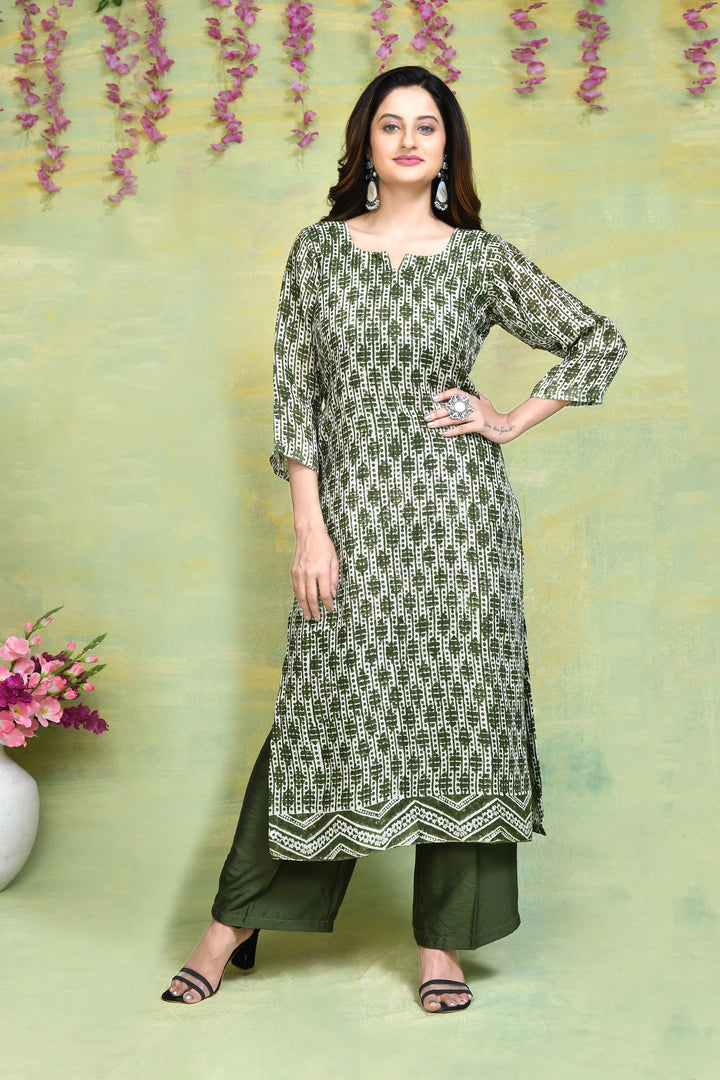 Olive-Green-Linen-Handblock-Printed-2-Piece-Kurta-Set