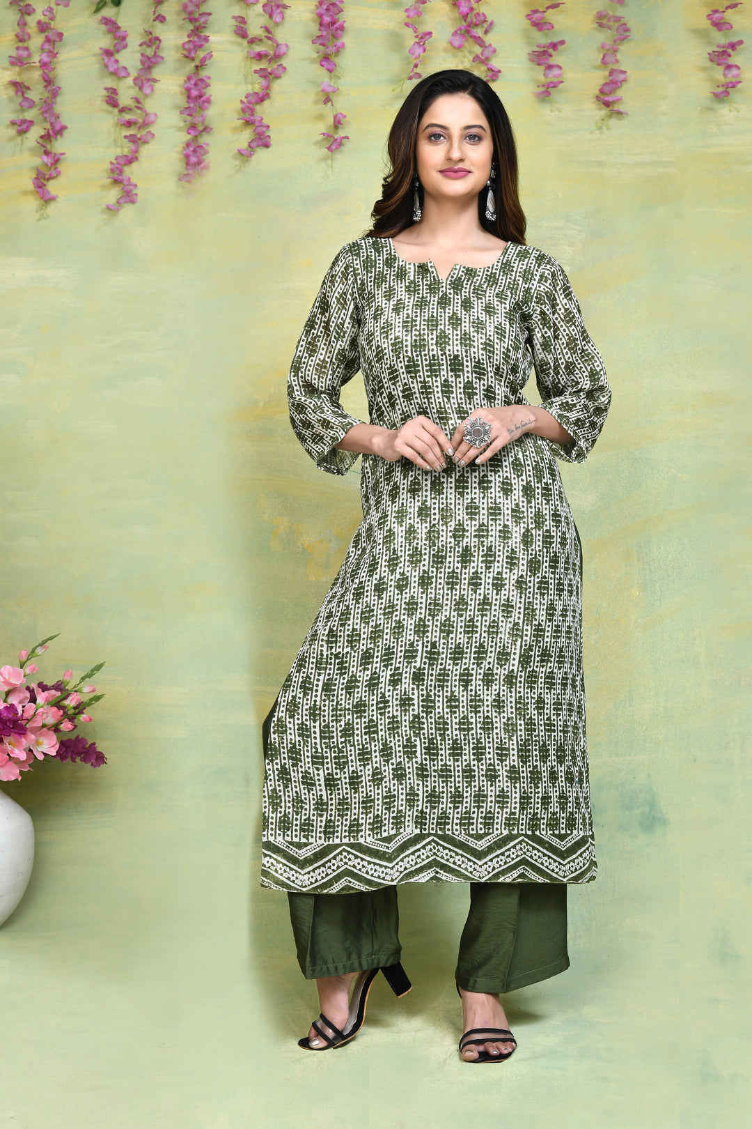 Olive-Green-Linen-Handblock-Printed-2-Piece-Kurta-Set