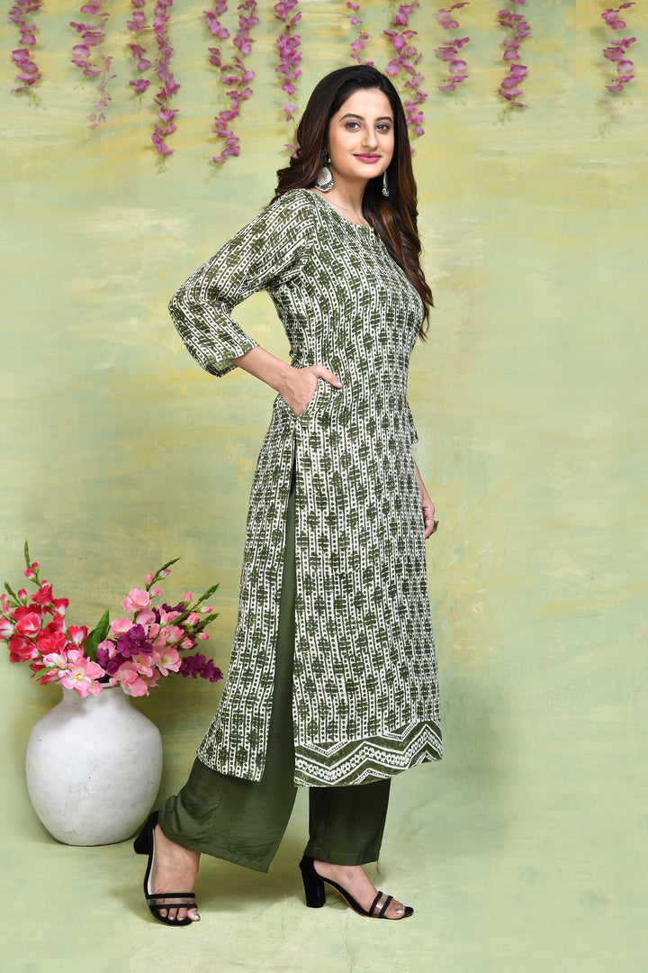 Olive-Green-Linen-Handblock-Printed-2-Piece-Kurta-Set