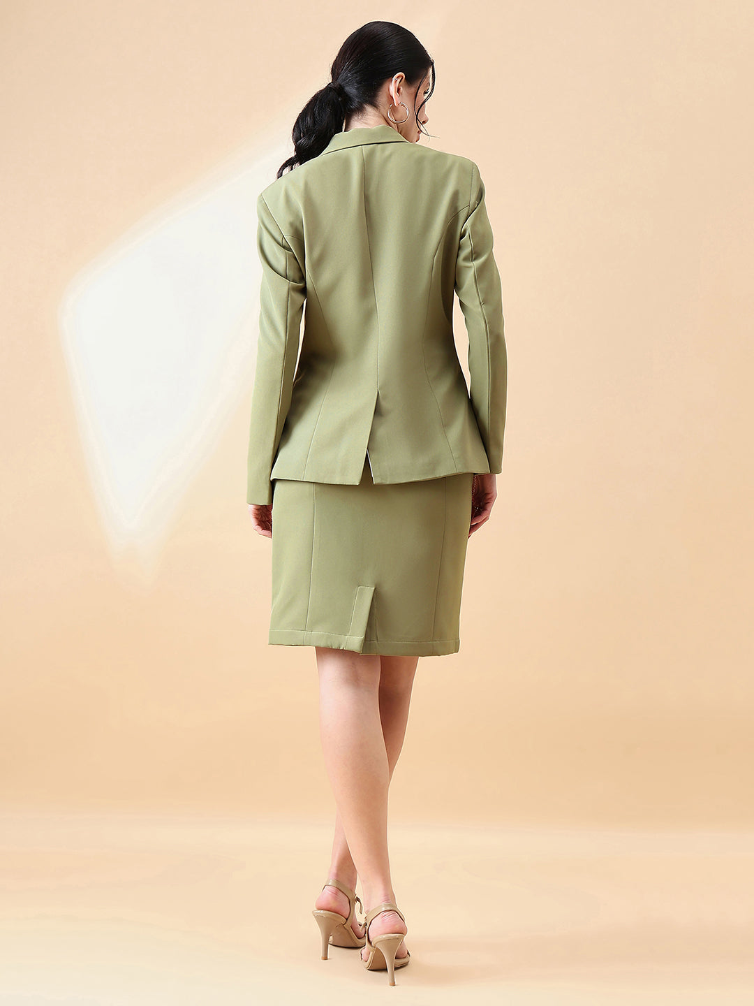 Olive-Green-Polyester-Business-Formal-Stretch-Skirt-Suit