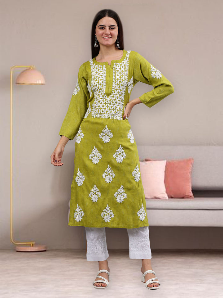 Olive Green Rayon Embroidered Chikankari Kurti