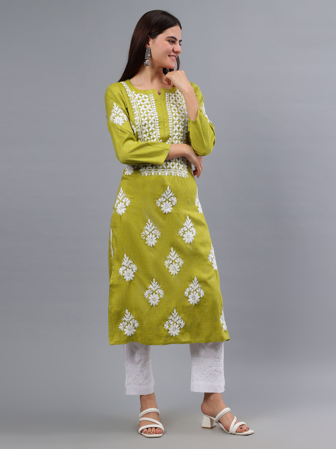 Olive Green Rayon Embroidered Chikankari Kurti