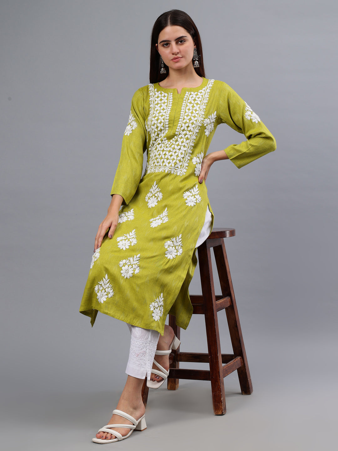 Olive Green Rayon Embroidered Chikankari Kurti